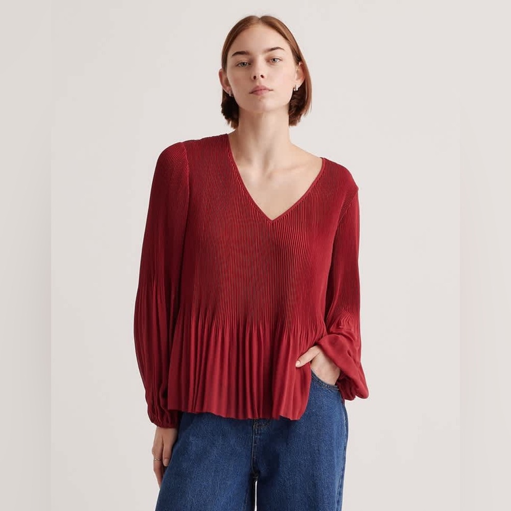 Quince Chiffon Pleated V-Neck Blouse Large